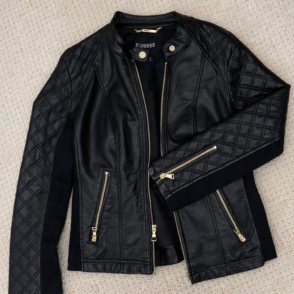 Express Women's Black Leather Jacket with Quilted Sleeves